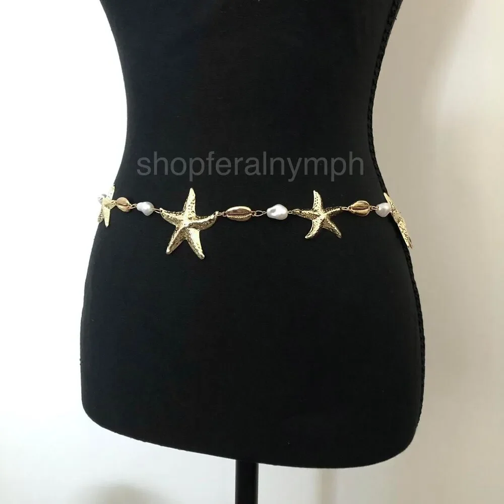 Y2K Mermaidcore Gold Starfish Shell Chain Belt, Fits 24–38 Inches, X7GA1157